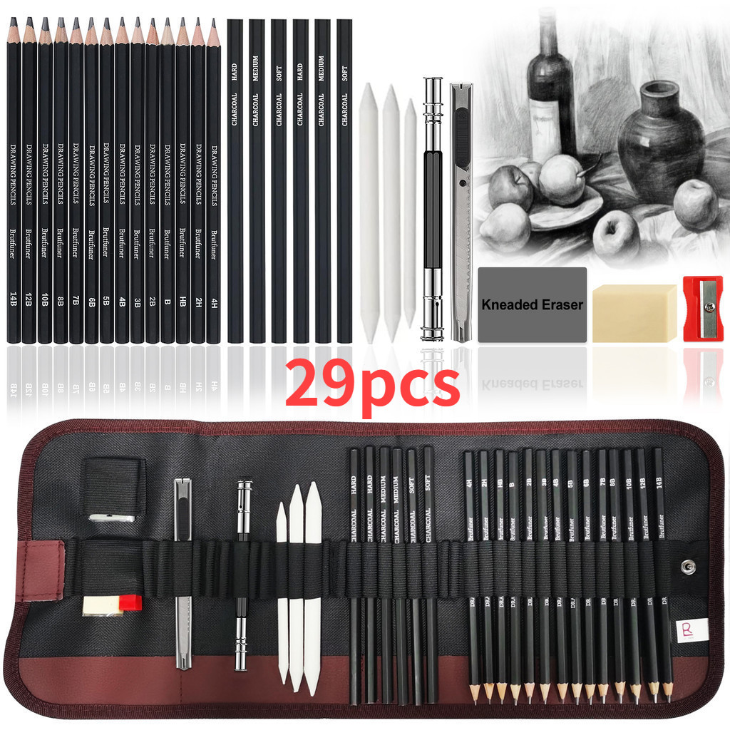Conjunto de Lápis de Desenho 29 Unidades com Caneta Esboço de Carvão Incluído para Artistas Iniciantes