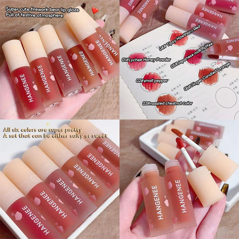 6 Pcs Conjunto De Batom Líquido , Acabamento Orvalhado Espelho Lustroso , Esmalte Labial Hidratante De Longa Duração , Urso Fofo Impresso