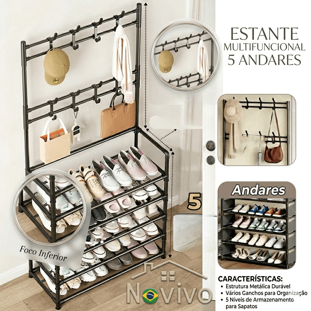 Sapateira Cabideira 5 Andares Branco/Preto | Organizadora Multifuncional Premium para Quarto e Recepção