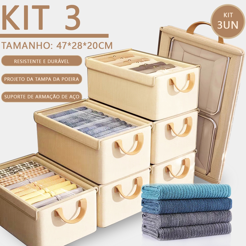 Kit 1/2/3 Caixa organizadora com tampa, ideal para guardar roupas, roupas íntimas, brinquedos, dobrável.47*28*20cm