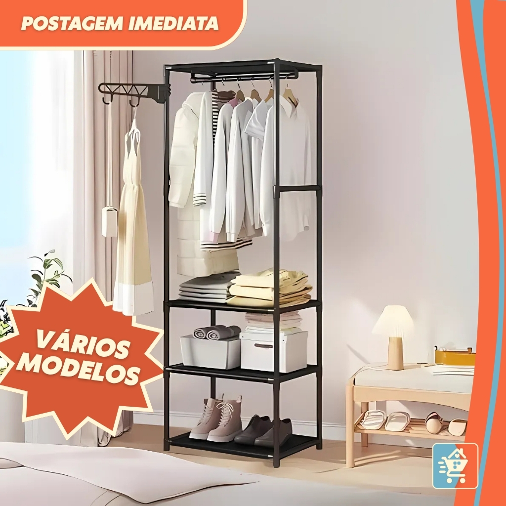 Arara Cabideiro Organizador de Roupas Multifuncional Rack Multiuso Prateleira Guarda Roupa Portátil