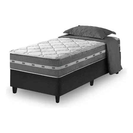 Cama Box Solteiro + Colchão Molas Ensacadas Zidi Miami 88cm Cinza Com Preto