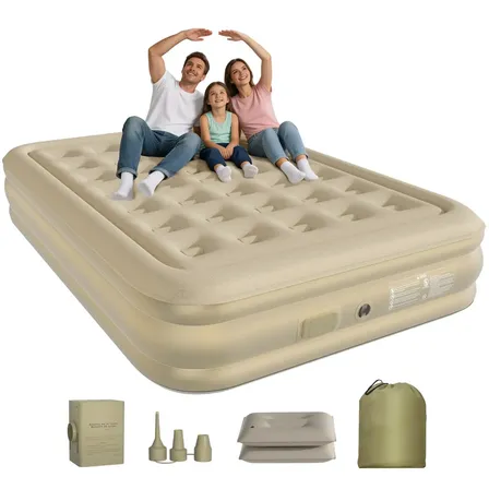 Ecozendsy Colchão Inflável Casal Queen Com Bomba Elétrica Recarregável E Travesseiro 200x154x43cm Bege