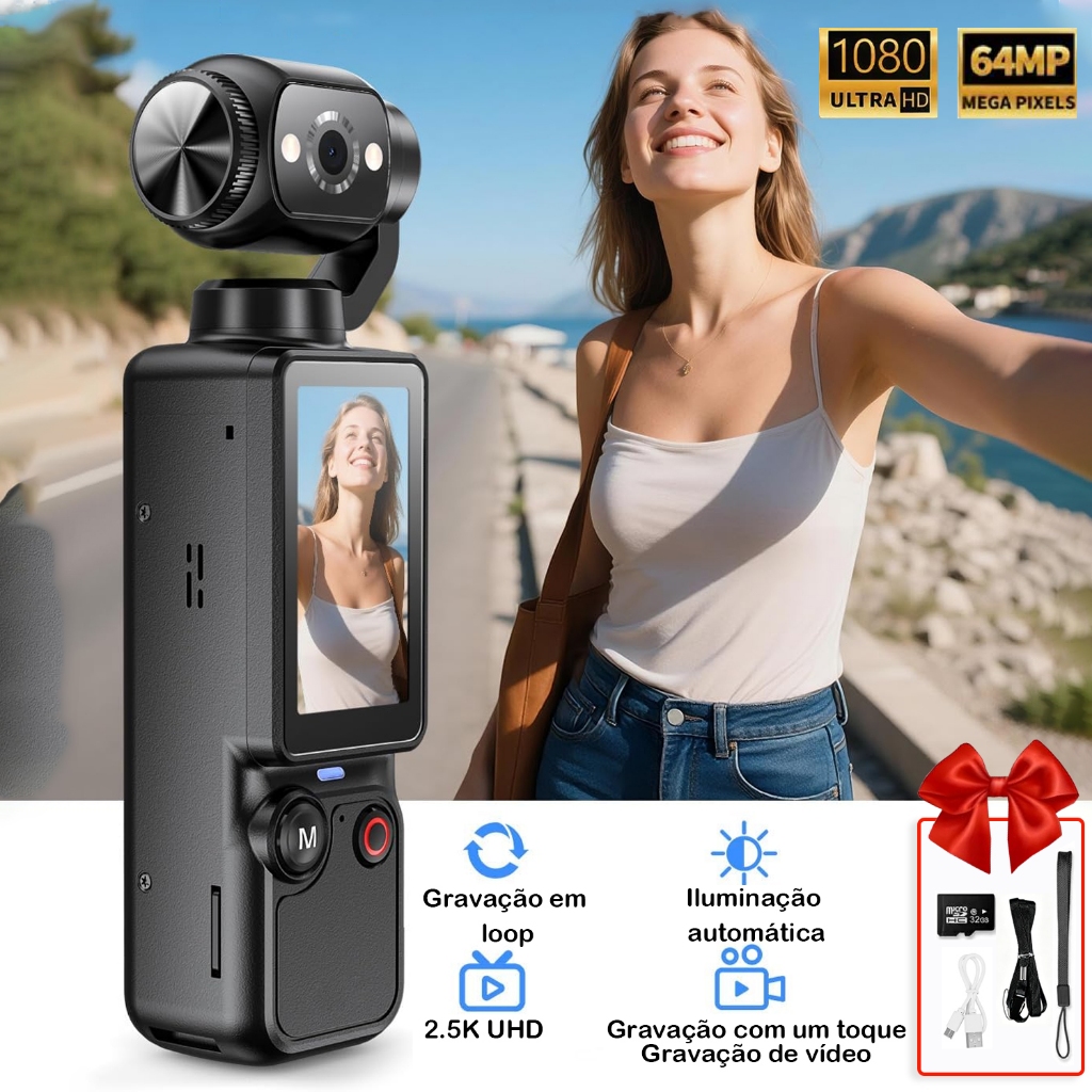 BML Câmera Esportiva 1080P Rotação de 180° | Vestível, Portátil, Gravador de Viagem e Ciclismo