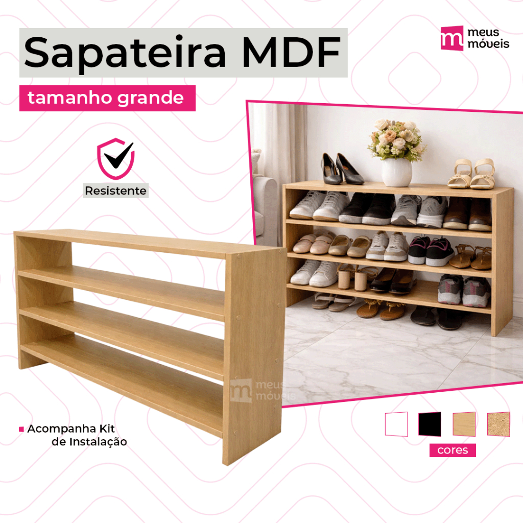 Sapateira Grande de MDF - Branco - Amadeirado - Preto - Crua - 54cm Altura - Com Parafusos Incluso