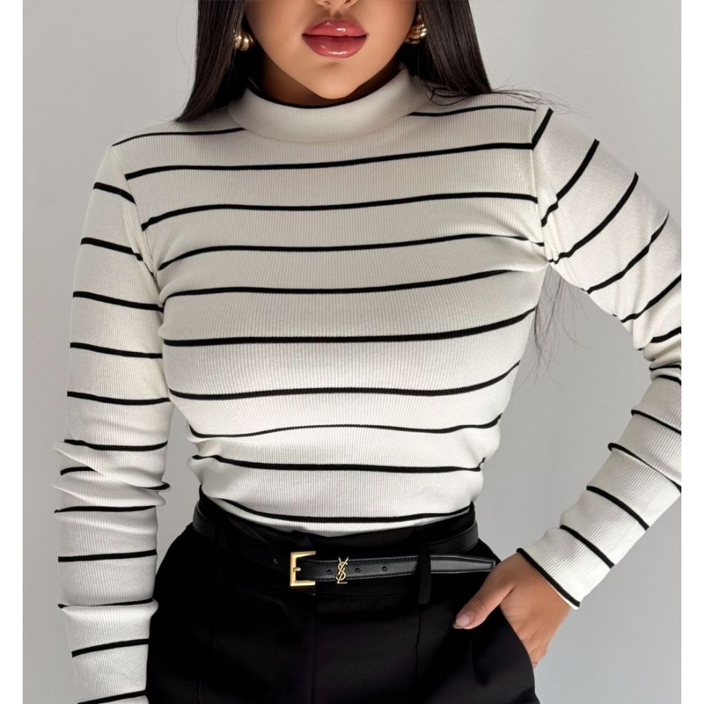 Blusa Feminina Cacharrel Manga Longa Gola Alta Listrada Inverno Moda Basica Casual Trabalho