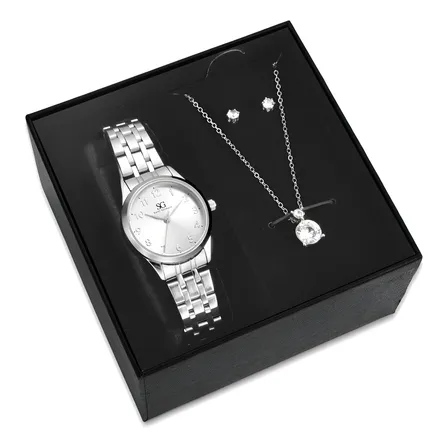 Kit Relógio Colar E Brincos Ponto De Luz Feminino Luxo Silver Saint Germain Presente Original Joias Prata Elegante Clássico 28mm Prateado