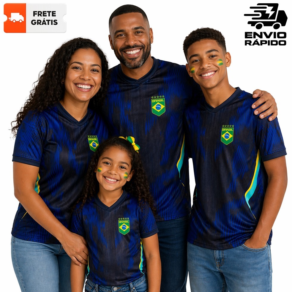MONTE SEU KIT - Conjunto Família Camisa Azul Brasil Copa Masculina Bordado 2026