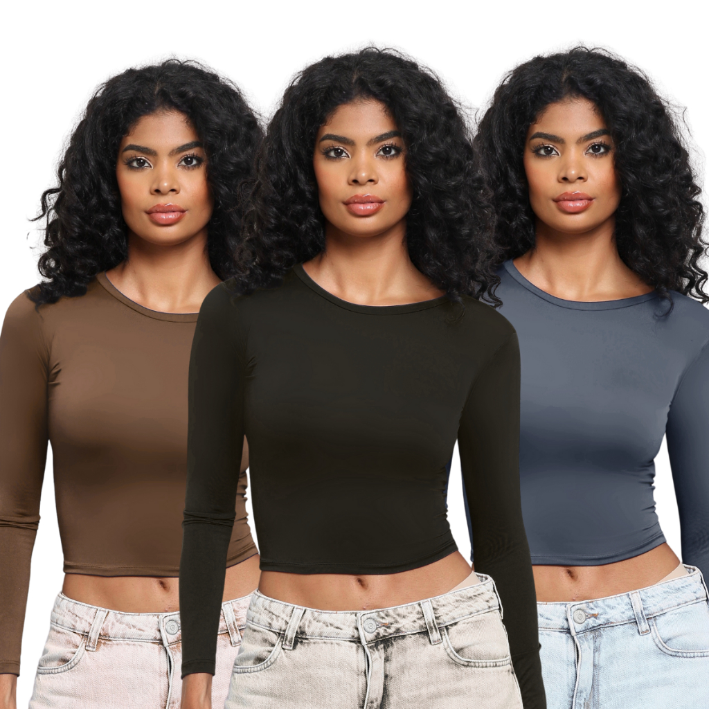KIT 3: Blusa Feminina de Manga Longa - Meia Estação de Compressão Colada