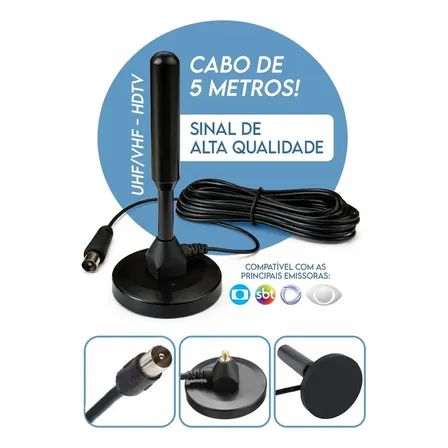 Antena Tv Digital Interna Externa Uhf Vhf Em Alumínio Com Base Magnética Cabo 5m Alta Definição Para Tv E Conversor Sinal Estável Instalação Fácil Sem Mensalidade Davely Preto
