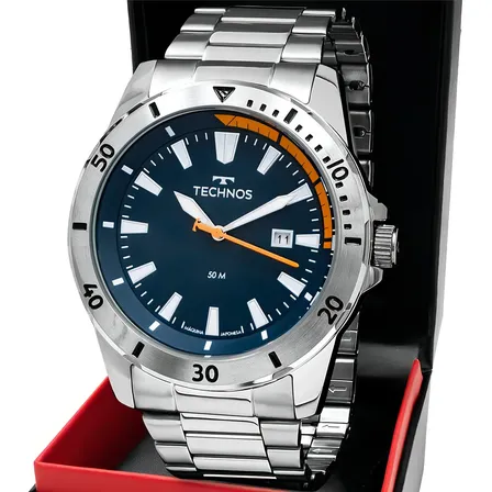 Relógio Technos Militar Masculino Aço Inox Prata Fundo Azul 50m Água