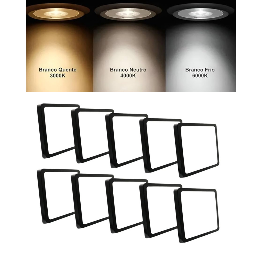 Kit Painel Plafon Led 24W Sobrepor Quadrado Preto Bivolt 3000K / 4000K / 6500K