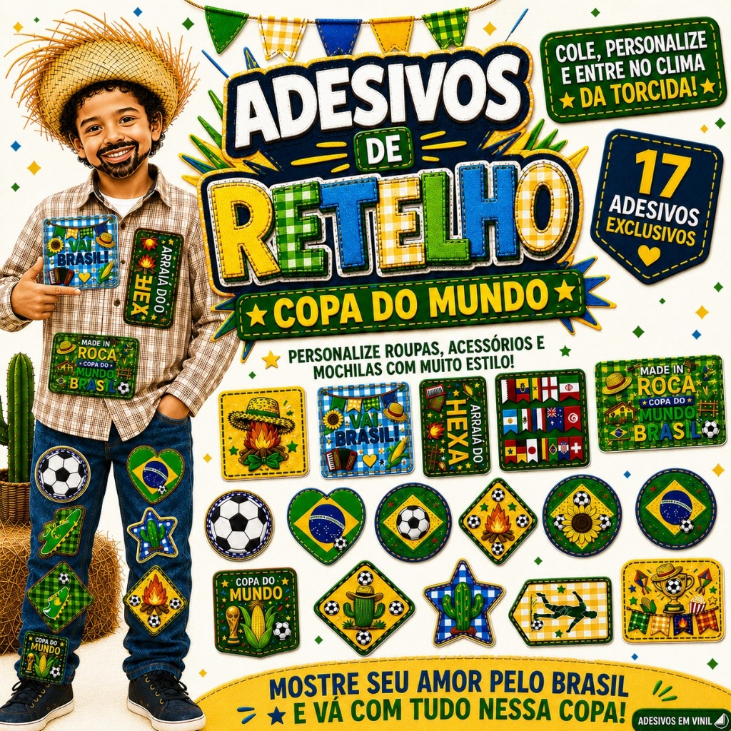 Kit Adesivos de Retalho Copa do Mundo para Roupa – Festa Junina Quadrilha