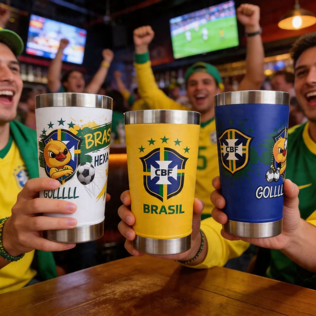 Copo Térmico 473ml Completo Brasil Personalizado Edição Torcedor Copa do Mundo Celebridade