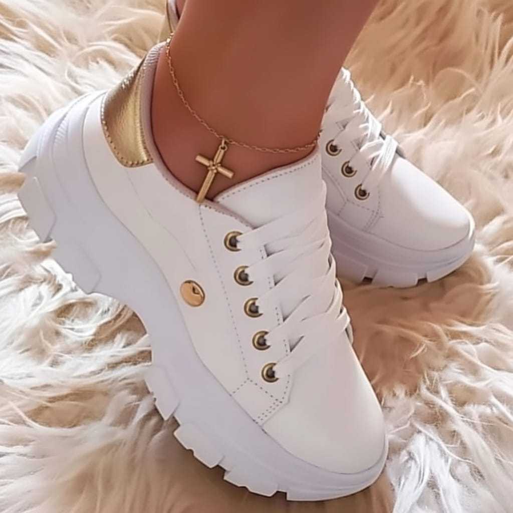 Tênis Branco Casual Feminino Plataforma Confortavel Sola Pintada