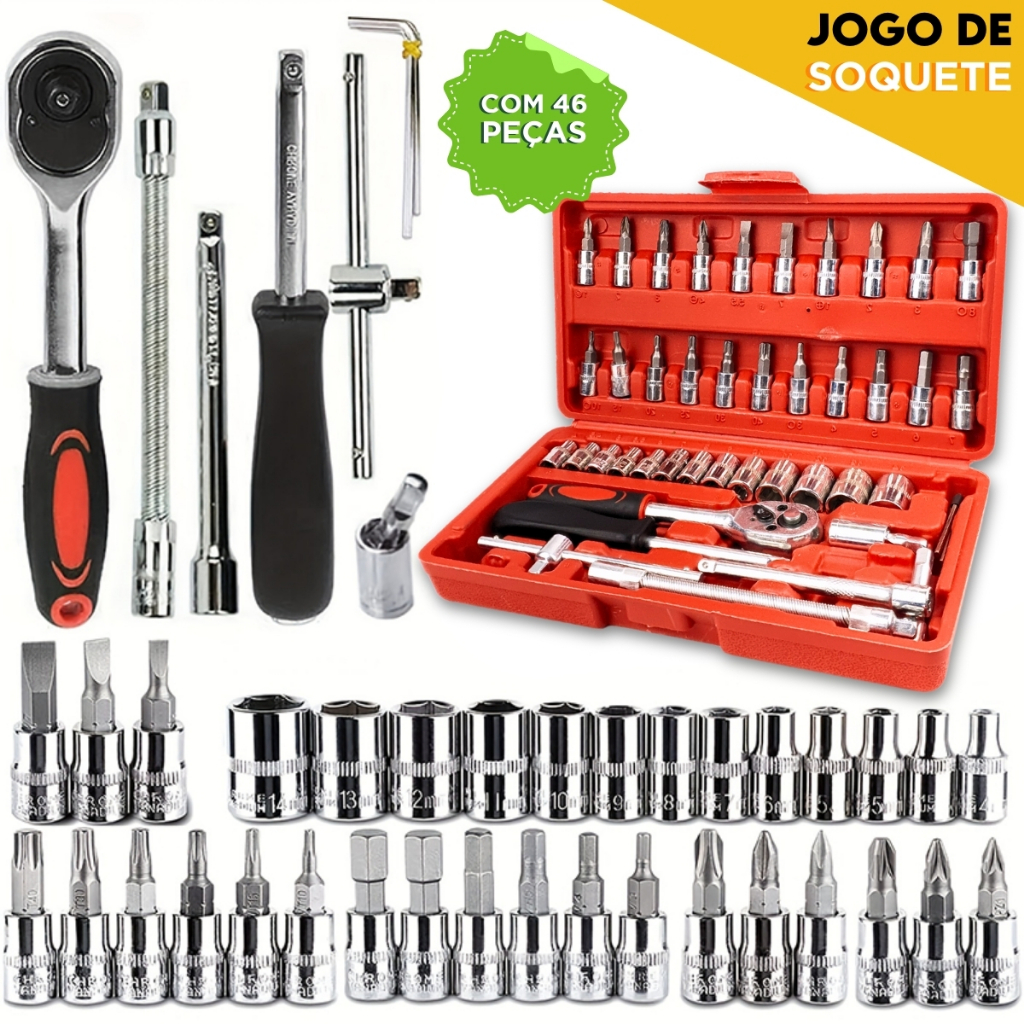 Kit Ferramenta 46 Peças - Completo -Catraca Soquete e Chave Allen - NL
