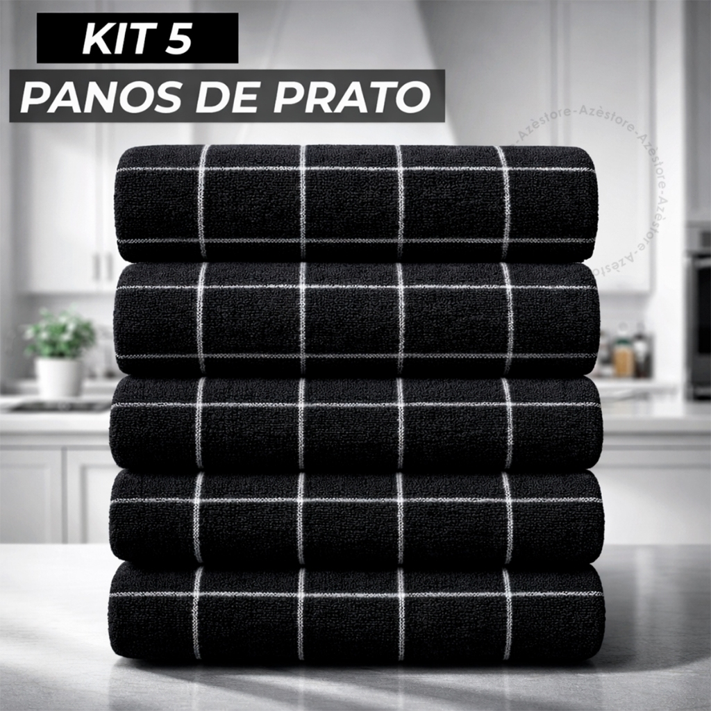 Kit 5 Panos de Prato Grosso Toalhado Listrado Preto 100% Algodão Cozinha