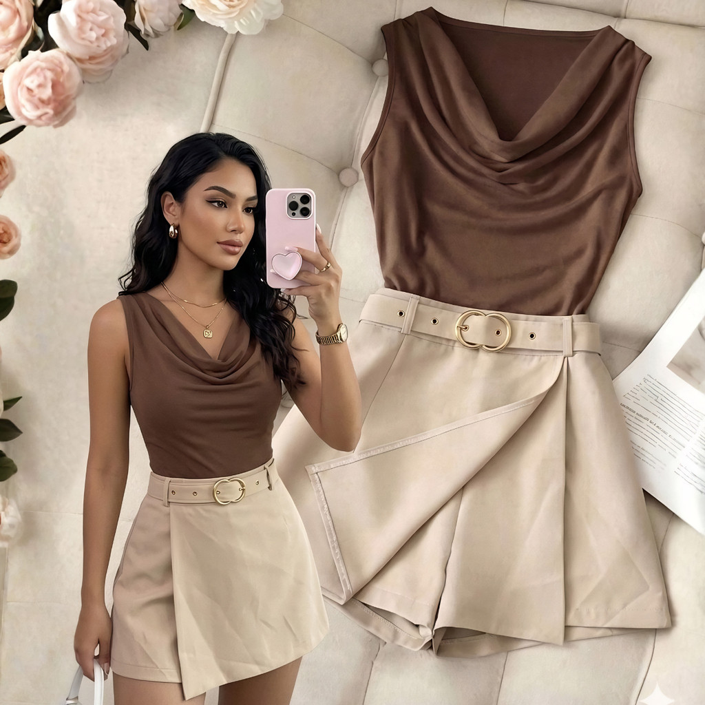 Conjunto Alfaiataria Short Saia com Cinto + Blusa Gola BOBA | P ao GG