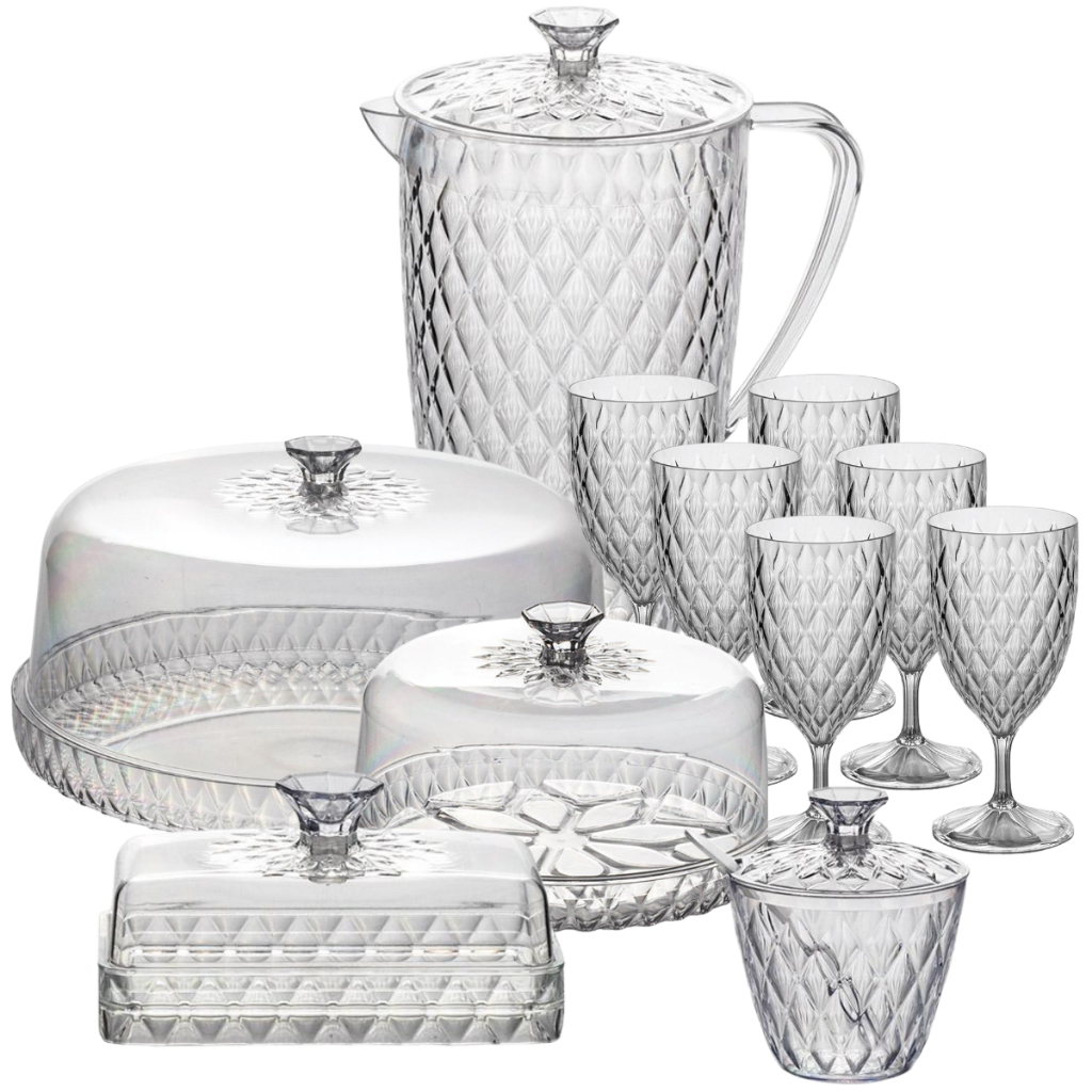 Kit Mesa Posta Glamour 11 Peças – Café da Manhã Completo com Jarra + Queijeira + Manteigueira + Açucareiro + Boleira