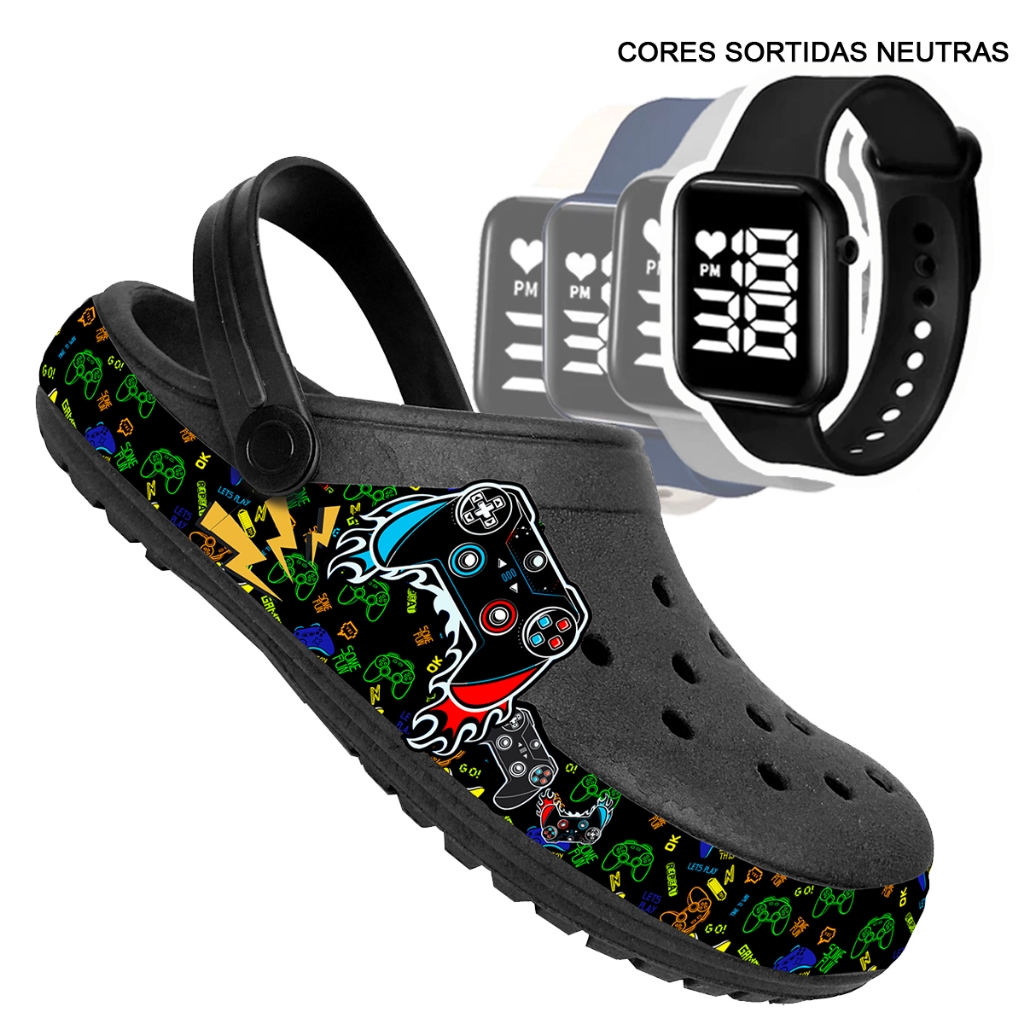 kit Babuche chinelo adulto Masculino Desenhos Personagens + Relógio digital: (cores sortidas)