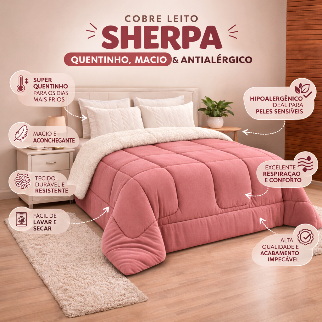 Coberdrom Casal 2,40x2,20m Tecido Microfibra Com Sherpa Dupla Face Pele de Carneiro Super Macio Quentinho Antialérgico