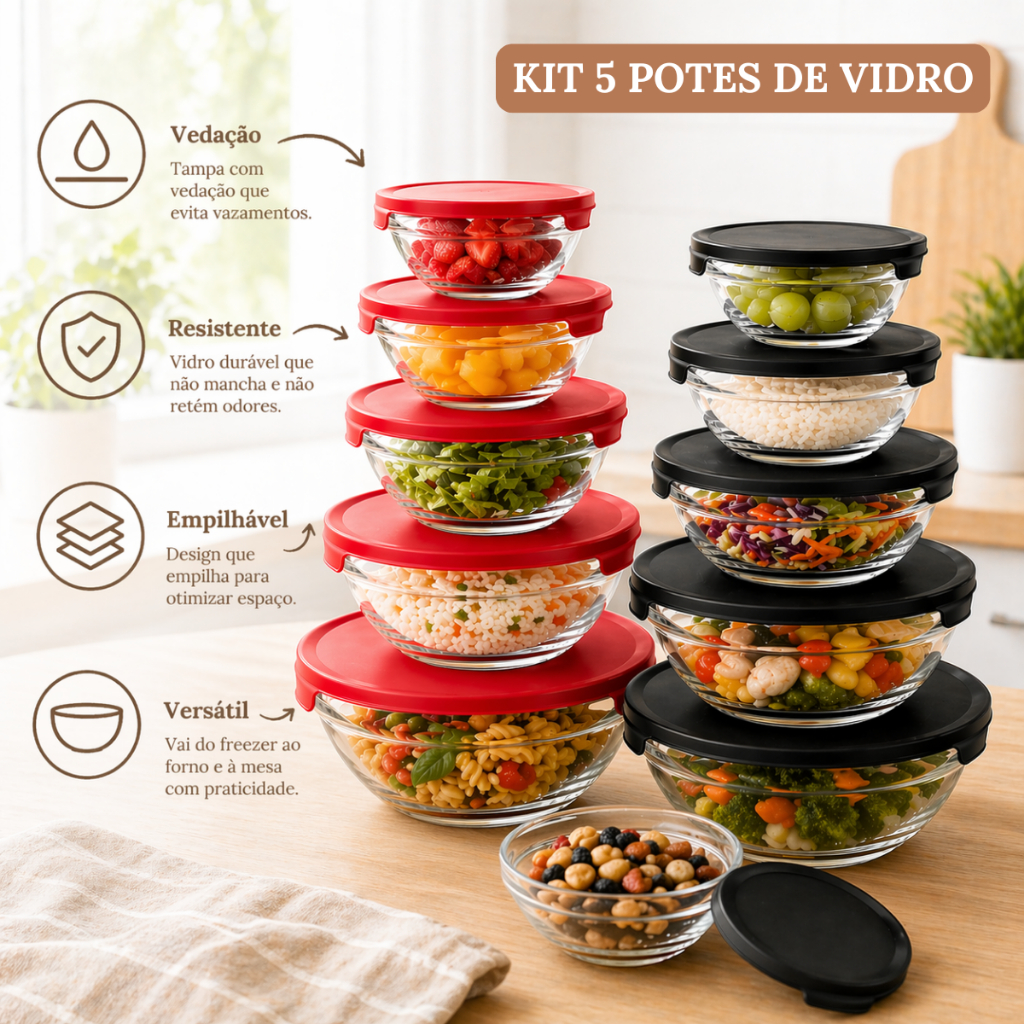 Kit 5 Potes de Vidro Hermético com Tampa Redondo Empilhável para Cozinha Marmitas Alimentos