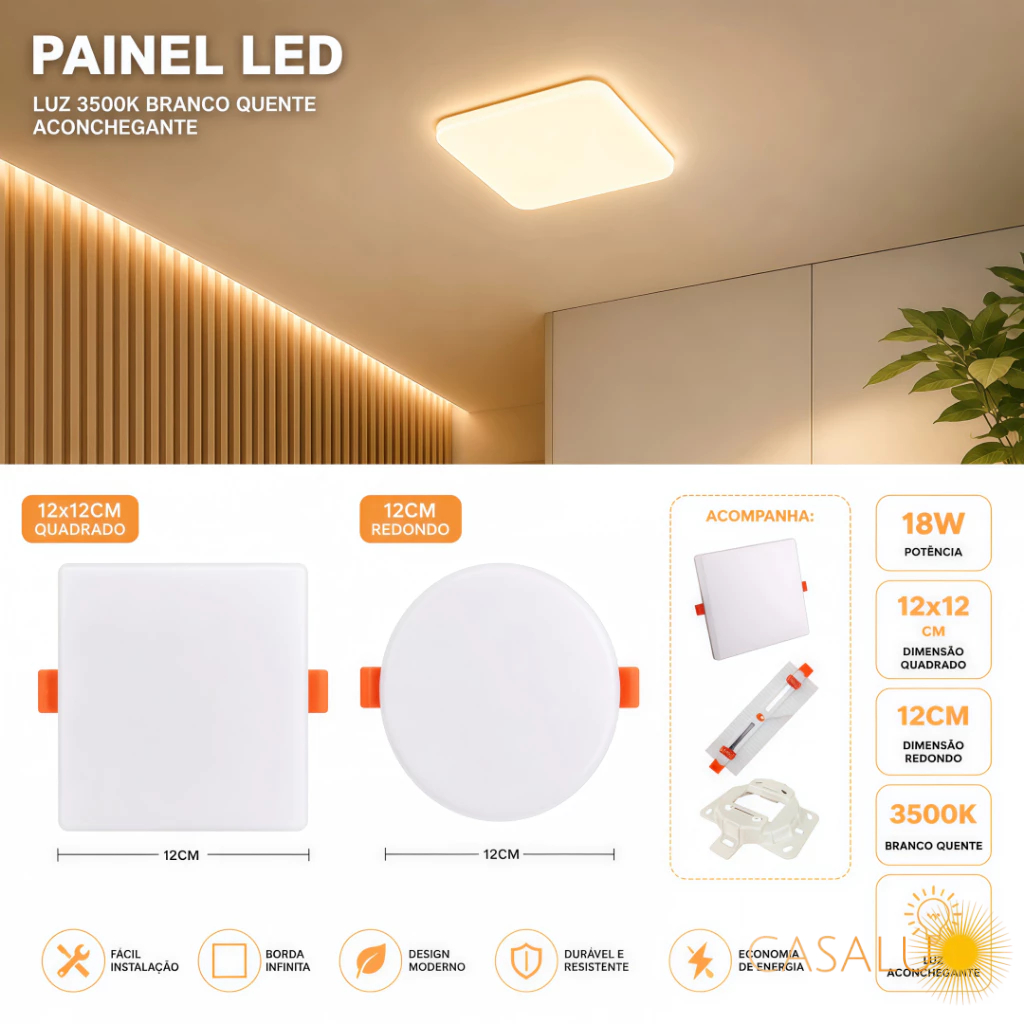 Painel Plafon Borda Infinita 18W 12Cm Embutir E Sobrepor 2 Em 1 Redondo Quadrado Branco Quente 3500K