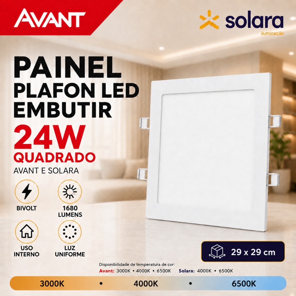 Painel Plafon Avant Led Embutir 24w Luz Branco Frio Neutra Quente 6500k 4000k 3000k