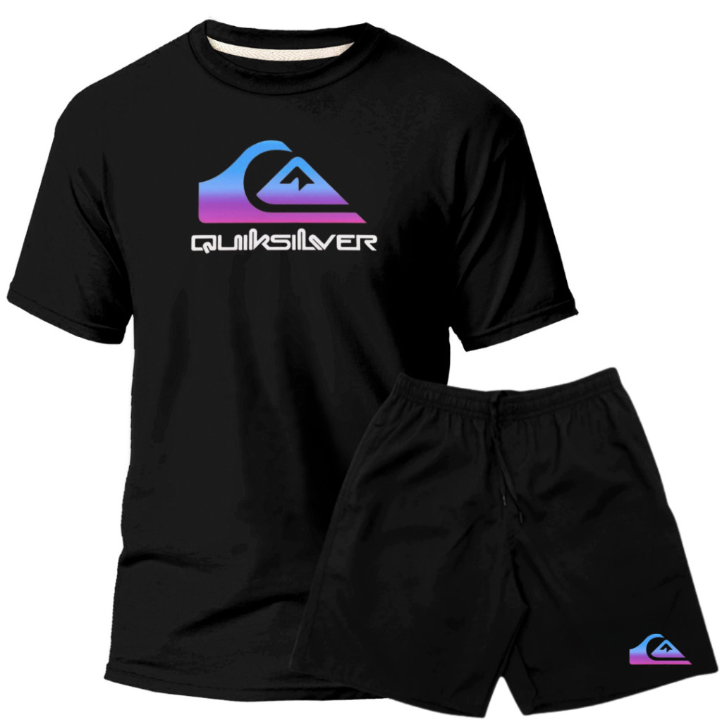 Kit Conjunto Masculino Quiksilver Degrade 100% Algodão 30,1 Camiseta e Short Tectel Com Elastano