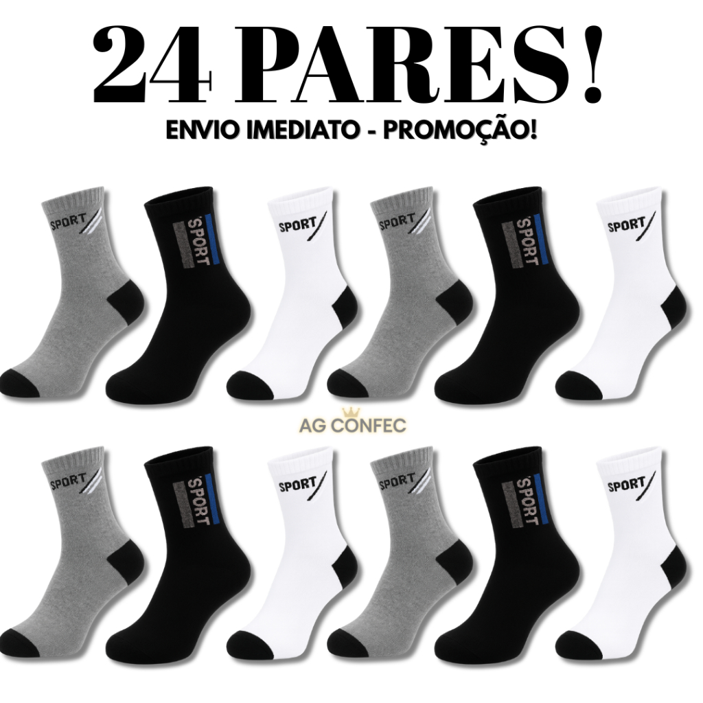 Kit 24 Pares Meias Cano Longo SPORT com Algodão Unissex