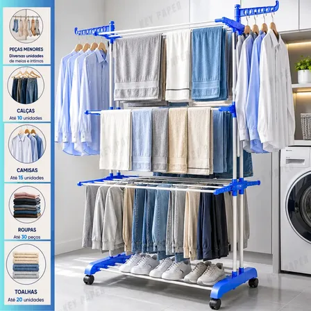 Varal De Chão Grande 3 Andares Retrátil Dobrável Com Rodinhas Roupas Lavanderia Compacto Portátil Cor Azul Marca: Key Paper