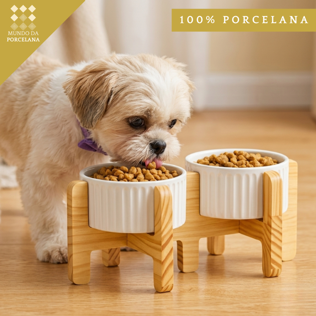 Comedouro Bebedouro Pet Elevado Duplo Pote Para Ração e Água Porcelana 320ml