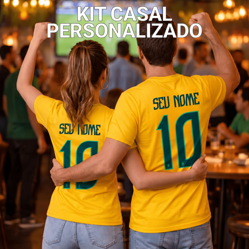Kit Camiseta Casal Brasil Nome Personalizado 100% Algodão Estampada Copa do Mundo