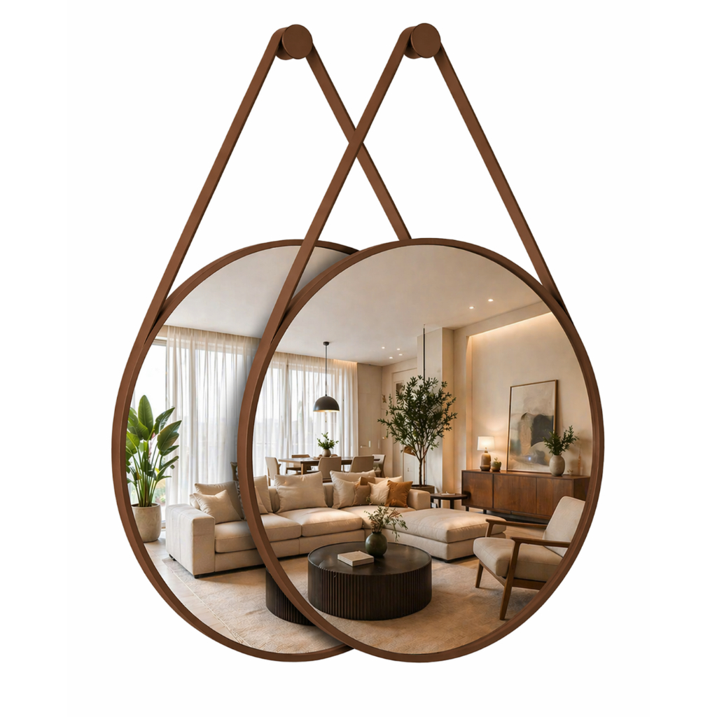 Kit 2 Espelhos Redondos Adnet Moderno Lavabo Quarto Sala Banheiro Alça Em Couro 50cm C/ Pino Suporte