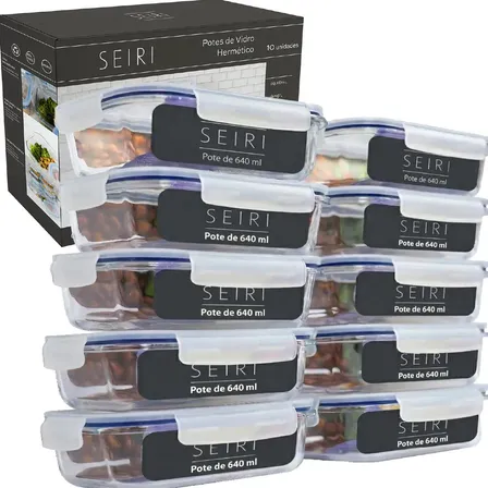Kit 10 Potes De Vidro Marmita Hermético 640ml Freezer Fitness Borossilicato Transparente