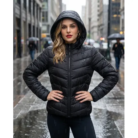 Jaqueta Feminina Puffer Bobojaco Impermeável Com Capuz Nylon Preto G(40/42)