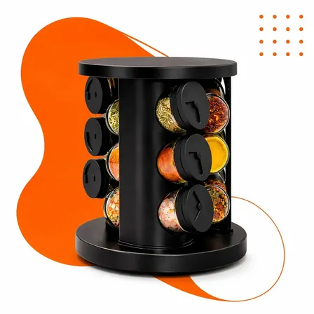 Porta Temperos Condimentos 9 Unidades Potes Vidro Base Giratória Preto Organizador Cozinha Dosador Hold On