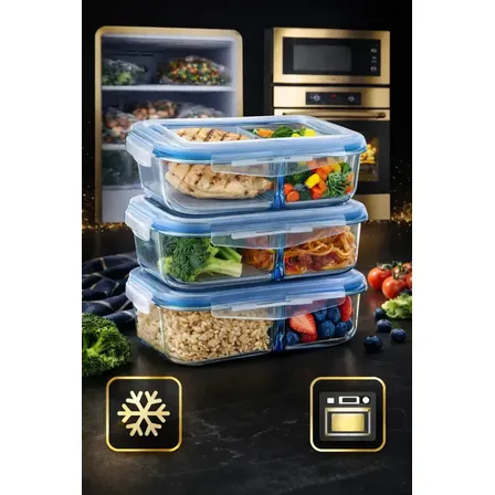 Kit 3 Potes Marmita Vidro Hermético 1040ml C/ Divisória Free Freezer Microondas Forno