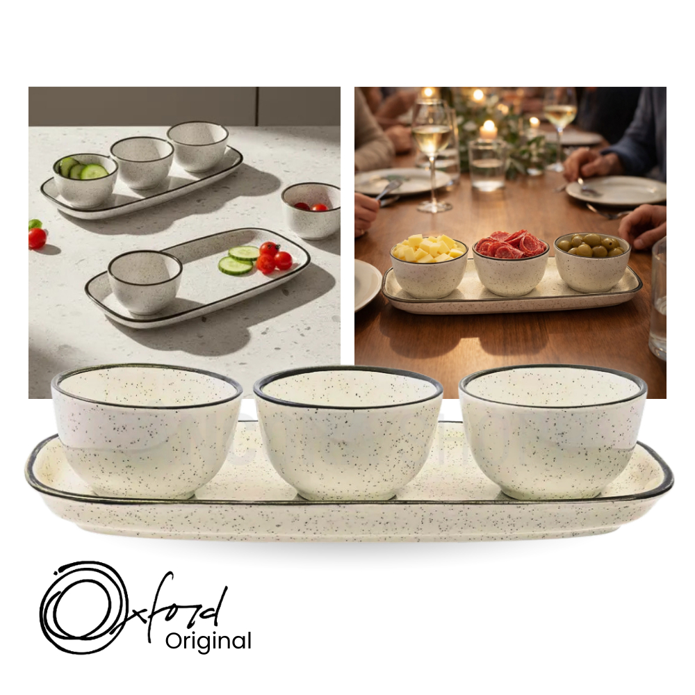 Jogo de Petisqueira 3 Bowls com Bandeja em Cerâmica Retangular Para Servir Domus Brisa Oxford