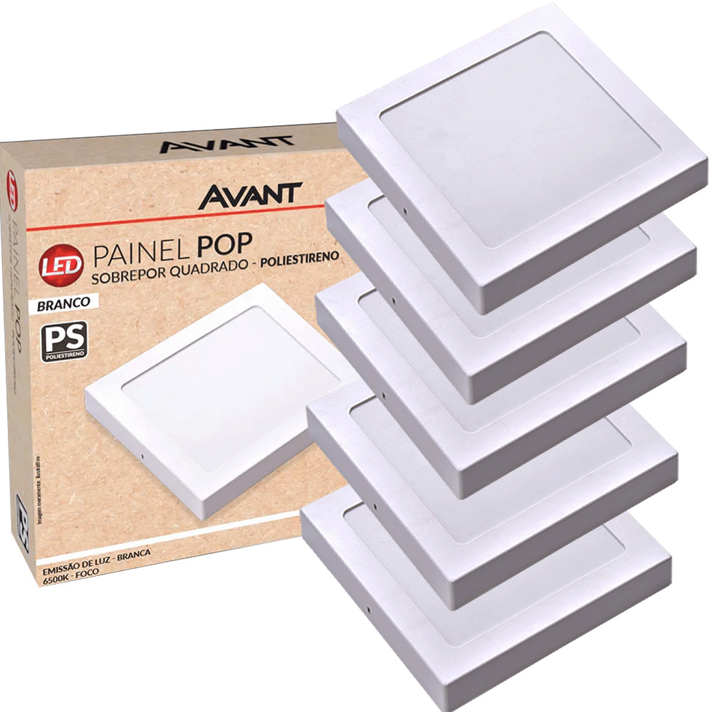 Kit 5 Painel LED Avant 12W Sobrepor Quadrado 6500K Branco Frio 720lm Bivolt IP20