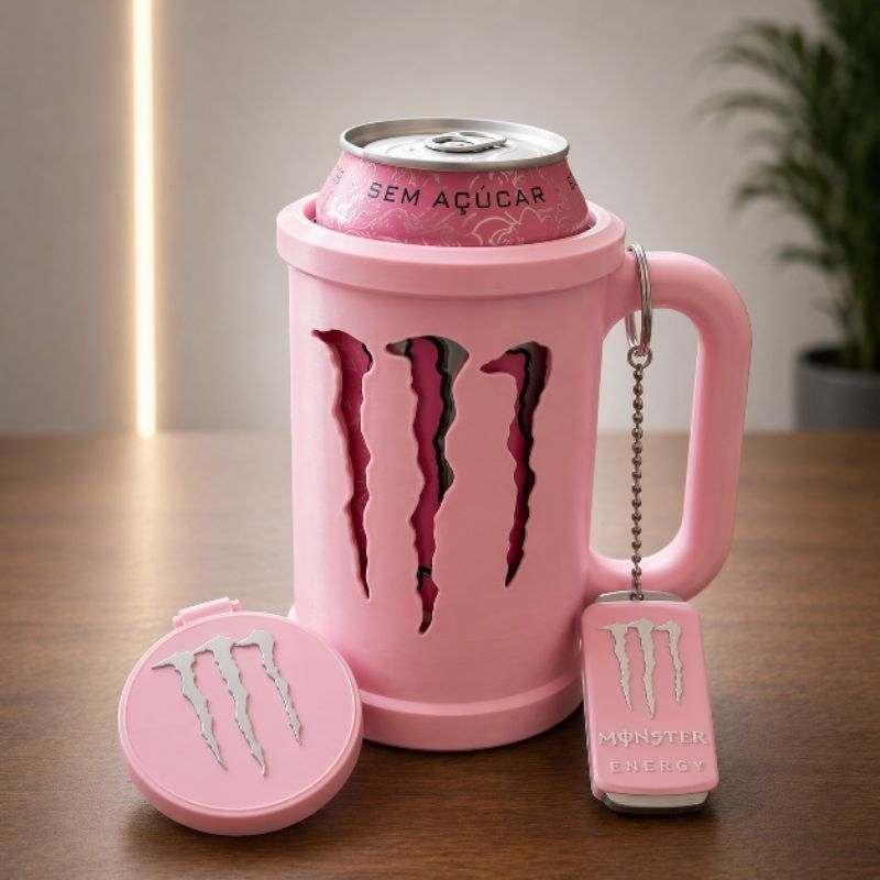 Kit Porta Lata Monster Energy  com Alça + Tampa + Chaveiro Abridor | Suporte Térmico Energético