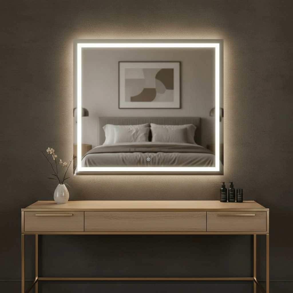 Espelho Quadrado 40cm a 60cm Com LED de 3 Cores Jateado Lapidado Banheiro Maquiagem Salão de Beleza