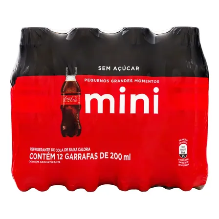 Refrigerante Zero Açúcar Coca-Cola Mini Garrafa 12 Unidades 200ml Cada