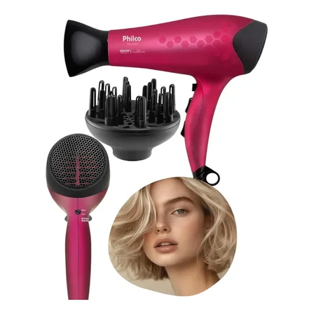 Secador De Cabelo Philco Bivolt Ions Turmaline Mais Brilho Rosa 127/220v
