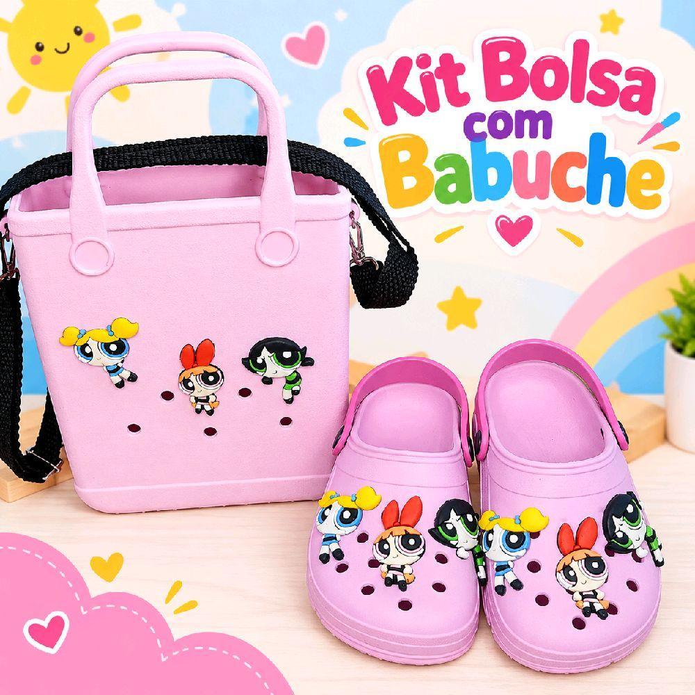 Kit Bolsa com Babuche Powerpuff Girls Rosa para Crianças Acessórios de Moda Infantil com Design Colorido e Divertido