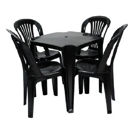 JR GOLD Kit Mesa Plástico Quadrada Preta com 4 Cadeiras Bistrô 70cm