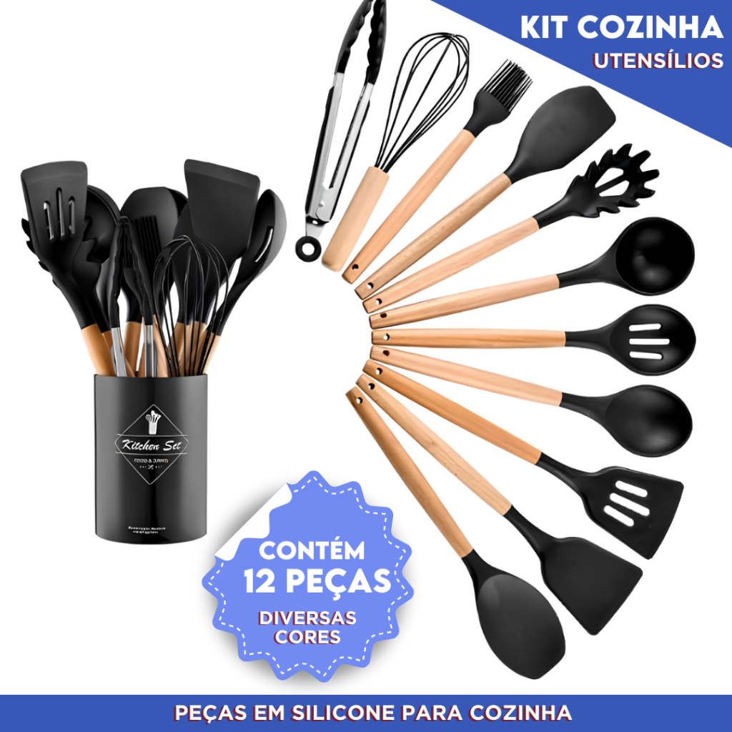 Kit Utensílios de Cozinha Com 4 5 ou 12 Peças em Silicone com Cabo de Madeira Completo  - Mazzal
