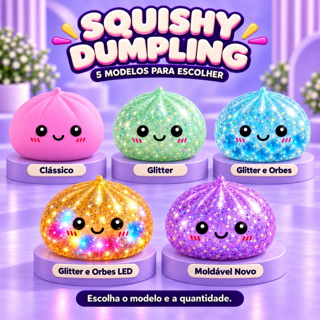 Brinquedo Squishy Dumpling Bolinho Fidget Sensorial Antiestresse - Modelos Clássico, Glitter, Bolinhas e Led, de Gel